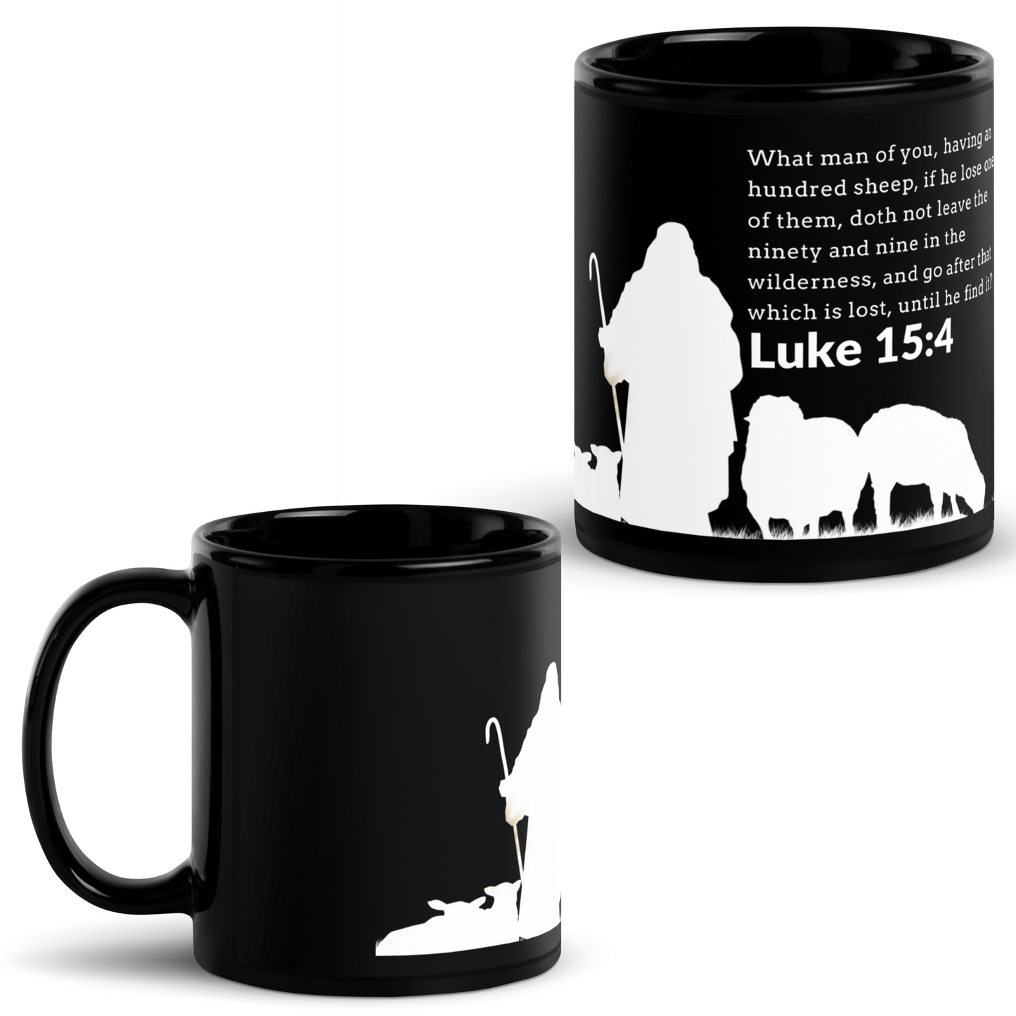 The Good Shepherd Black Glossy Mug (Luke 15:4)