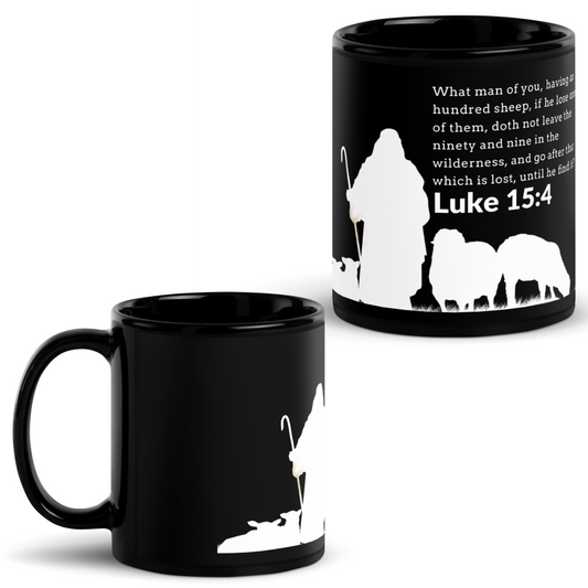 The Good Shepherd Black Glossy Mug (Luke 15:4)